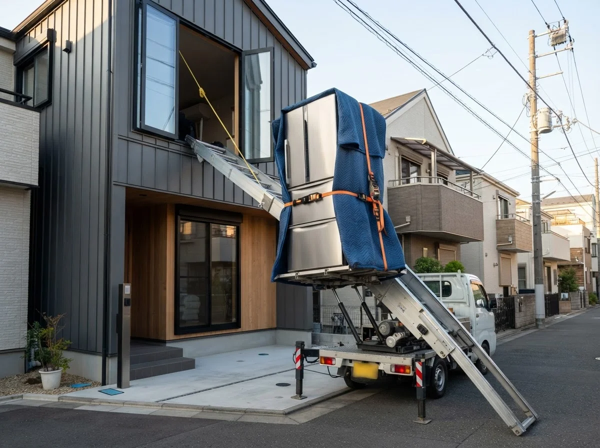 戸建て住宅の2階窓付近で家具を安全に吊り上げる作業